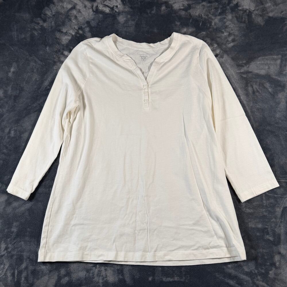 Kim Rogers Perfectly Soft Cream Henley 3/4 Sleeve Cotton Top Medium